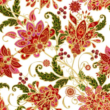 Seamless modeli. Altın dokulu bukleler. Parlak dantel, stilize çiçekler. Narin, altın arka plan, Paisley dokuma Ajur.