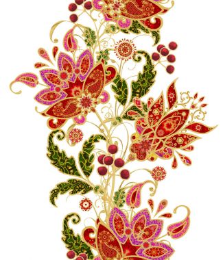 Seamless modeli. Altın dokulu bukleler. Parlak dantel, stilize çiçekler. Narin, altın arka plan, Paisley dokuma Ajur.