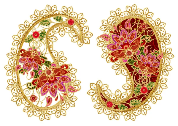 Desenli dekor unsurları. Altın Hint salatalık, desenli. Stilize çiçek, dokuma, dantel, öğe Doğu tasarım ambalaj Tekstil Ajur. — Stok fotoğraf