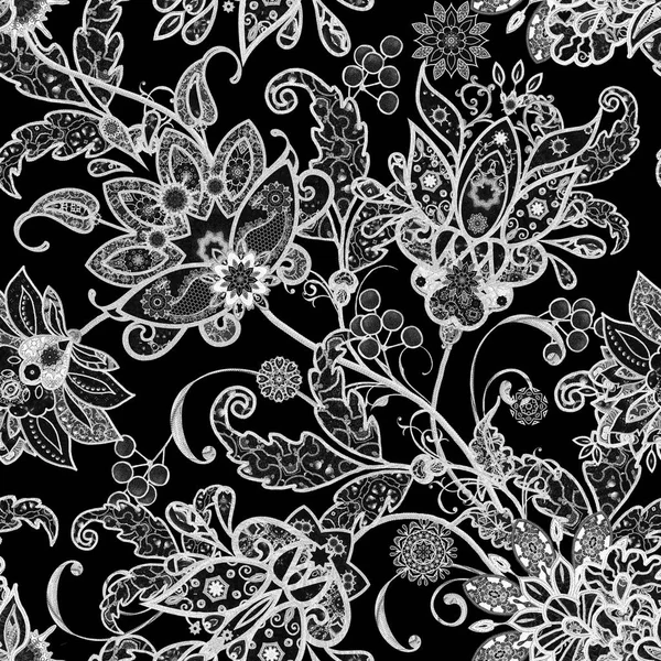 Modèle sans couture. Dentelle brillante, fleurs stylisées. Tissage ajouré délicat, Paisley. Tracé monochrome, boucles ajourées . — Photo