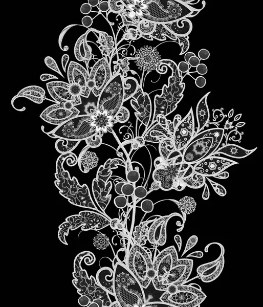 Modèle sans couture. Dentelle brillante, fleurs stylisées. Tissage ajouré délicat, Paisley. Tracé monochrome, boucles ajourées . — Photo