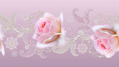 Seamless modeli. Dekoratif dekorasyon, desenli öğesi, hassas dokulu gümüş yaprakları yapılmış ince dantel ve inciler, iplik boncuklar, pastel pembe Gül ahbap. Hassas dokuma Ajur.