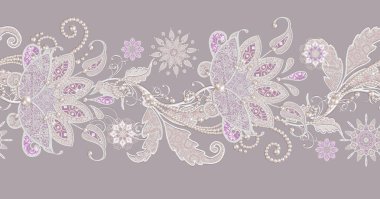 Seamless modeli. Dekoratif dekorasyon, desenli öğesi, hassas dokulu gümüş yaprakları yapılmış ince dantel ve inciler, iplik boncuklar, pastel pembe Gül ahbap. Hassas dokuma Ajur.