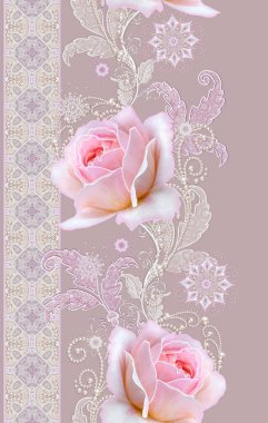 Seamless modeli. Dekoratif dekorasyon, desenli öğesi, hassas dokulu gümüş yaprakları yapılmış ince dantel ve inciler, iplik boncuklar, pastel pembe Gül ahbap. Hassas dokuma Ajur.