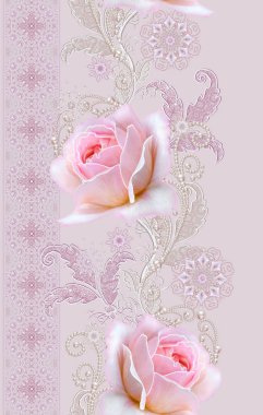 Seamless modeli. Dekoratif dekorasyon, desenli öğesi, hassas dokulu gümüş yaprakları yapılmış ince dantel ve inciler, iplik boncuklar, pastel pembe Gül ahbap. Hassas dokuma Ajur.