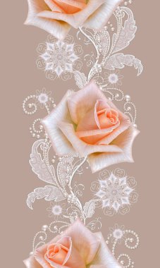 Seamless modeli. Dekoratif dekorasyon, desenli öğesi, hassas dokulu gümüş yaprakları yapılmış ince dantel ve inciler, iplik boncuklar, pastel pembe Gül ahbap. Hassas dokuma Ajur.