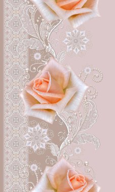 Seamless modeli. Dekoratif dekorasyon, desenli öğesi, hassas dokulu gümüş yaprakları yapılmış ince dantel ve inciler, iplik boncuklar, pastel pembe Gül ahbap. Hassas dokuma Ajur.