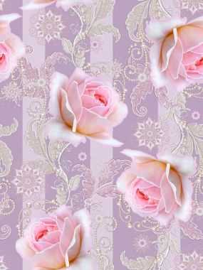 Seamless modeli. Dekoratif dekorasyon, desenli öğesi, hassas dokulu gümüş yaprakları yapılmış ince dantel ve inciler, iplik boncuklar, pastel pembe Gül ahbap. Hassas dokuma Ajur.