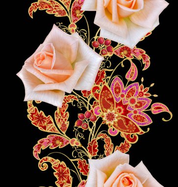 Seamless modeli. Altın dokulu bukleler. Parlak dantel, stilize çiçekler. Narin, altın arka plan, Paisley dokuma Ajur.