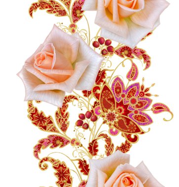 Seamless modeli. Dikey kenarlık. Altın dokulu bukleler. Parlak dantel, stilize çiçekler, turuncu yumuşak pastel rose. Narin, altın arka plan, Paisley dokuma Ajur.