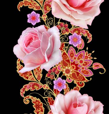 Seamless modeli. Dikey kenarlık. Altın dokulu bukleler. Parlak dantel, stilize çiçek, pembe pastel gül. Narin, altın arka plan, Paisley dokuma Ajur.