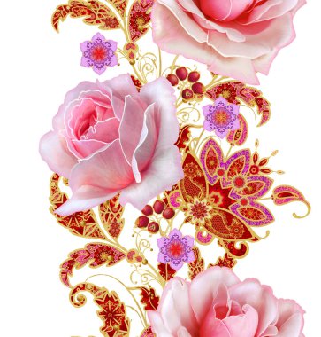 Seamless modeli. Dikey kenarlık. Altın dokulu bukleler. Parlak dantel, stilize çiçek, pembe pastel gül. Narin, altın arka plan, Paisley dokuma Ajur.