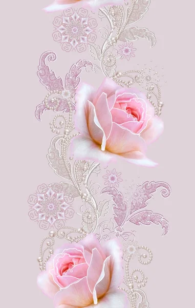 Seamless pattern. Decorative decoration, paisley element, delicate textured silver leaves made of thin lace and pearls, thread of beads, bud pastel pink rose. Openwork weaving delicate. — Stock Photo, Image