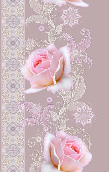 Schema senza soluzione di continuità. Decorazione decorativa, elemento paisley, delicate foglie d'argento strutturate fatte di pizzo sottile e perle, filo di perline, rosa rosa pastello germoglio. Tessitura traforata delicata . — Foto Stock