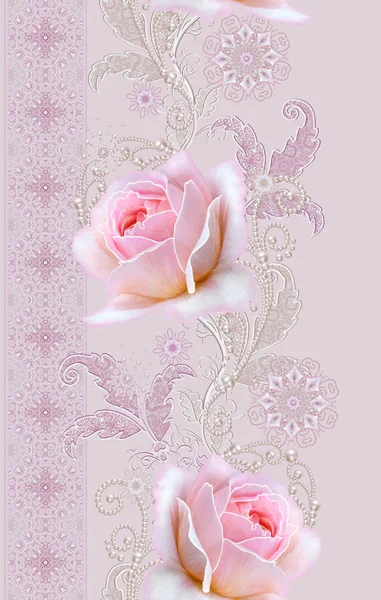 Seamless pattern. Decorative decoration, paisley element, delicate textured silver leaves made of thin lace and pearls, thread of beads, bud pastel pink rose. Openwork weaving delicate. — Stock Photo, Image