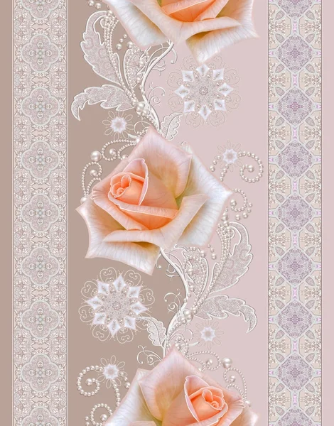 Modèle sans couture. Décoration décorative, élément paisley, délicates feuilles d'argent texturées en dentelle fine et perles, fil de perles, bourgeon rose pastel. Tissage ajouré délicat . — Photo