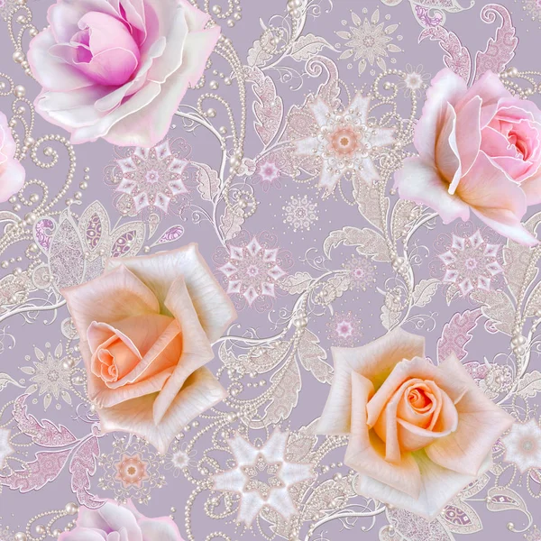 Seamless pattern. Decorative decoration, paisley element, delicate textured silver leaves made of thin lace and pearls, thread of beads, bud pastel pink rose. Openwork weaving delicate. — Stock Photo, Image