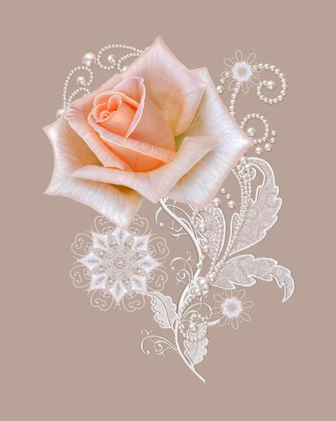 Decorative decoration, a paisley element, delicate textured silver leaves made of fine lace and pearls. Jeweled shiny curls, thread from beads. A bud of a beautiful pastel pink rose. Openwork weaving delicate. — Stock Photo, Image