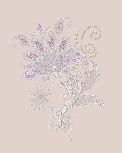 Decorative decoration, a paisley element, delicate textured silver leaves made of fine lace and pearls. Jeweled shiny curls, thread from beads. Openwork weaving delicate. — Stock Photo, Image