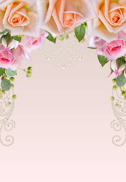 Floraler Hintergrund. Grußkarte, Pastellton, alter Stil. Blumenarrangement aus rosa Rosen. — Stockfoto