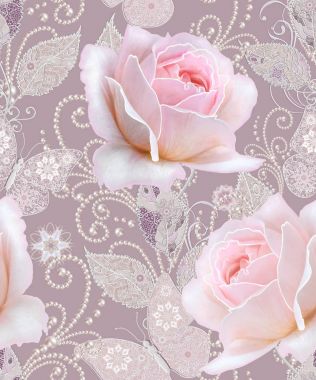 Seamless modeli. Pastel pembe Gül, kelebek dekoratif dekorasyon, desenli öğesi, hassas dokulu gümüş yaprakları yapılmış ince dantel ve inciler, iplik boncuklar, ahbap. Hassas dokuma Ajur.