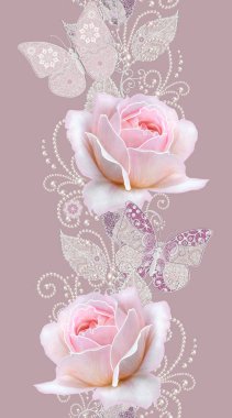 Seamless modeli. Pastel pembe Gül, kelebek dekoratif dekorasyon, desenli öğesi, hassas dokulu gümüş yaprakları yapılmış ince dantel ve inciler, iplik boncuklar, ahbap. Hassas dokuma Ajur.