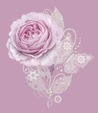 Seamless modeli. Pastel pembe Gül, kelebek dekoratif dekorasyon, desenli öğesi, hassas dokulu gümüş yaprakları yapılmış ince dantel ve inciler, iplik boncuklar, ahbap. Hassas dokuma Ajur.