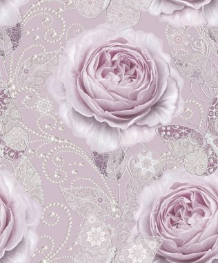 Seamless modeli. Pastel pembe Gül, kelebek dekoratif dekorasyon, desenli öğesi, hassas dokulu gümüş yaprakları yapılmış ince dantel ve inciler, iplik boncuklar, ahbap. Hassas dokuma Ajur.