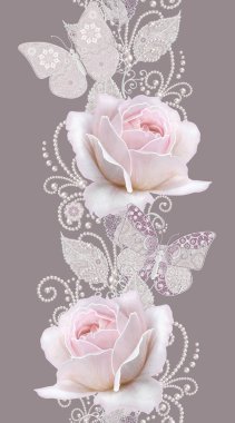 Seamless modeli. Pastel pembe Gül, kelebek dekoratif dekorasyon, desenli öğesi, hassas dokulu gümüş yaprakları yapılmış ince dantel ve inciler, iplik boncuklar, ahbap. Hassas dokuma Ajur.