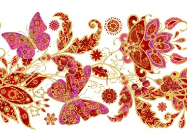 Seamless modeli. Dikey kenarlık. Altın dokulu bukleler. Parlak dantel, stilize çiçek, pembe pastel gül. Narin, altın arka plan, dokuma Ajur Paisley, kelebek.