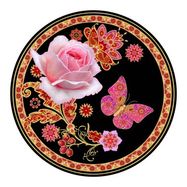 Çiçek arka plan. Yuvarlak şekli, daire. Garland çiçek pembe gül. Ajur hassas dantel, altın dokuma, inci. Dekoratif dekorasyon, desenli öğesi, kelebek Mücevherat.