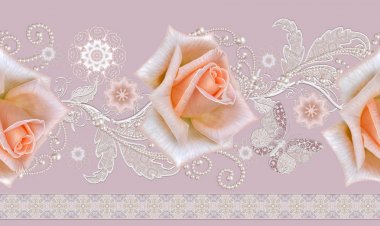 Seamless modeli. Dekoratif dekorasyon, desenli öğesi, hassas dokulu gümüş yaprakları yapılmış ince dantel ve inciler, iplik boncuklar, pastel pembe Gül ahbap. Hassas dokuma Ajur.