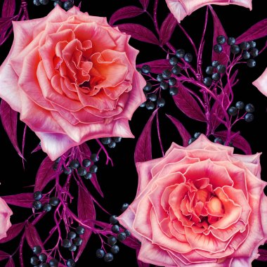 Sorunsuz çiçek desenli. Parlak kırmızı yaprakları, dokuma, Ajur ince dalları. Çiçek aranjmanı, narin pembe güller ve beyaz çiçekler.