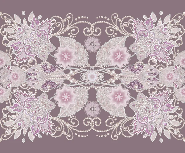 Modèle sans couture. Décoration décorative, élément paisley, délicates feuilles d'argent texturées en dentelle fine et perles, fil de perles. Tissage ajouré délicat . — Photo