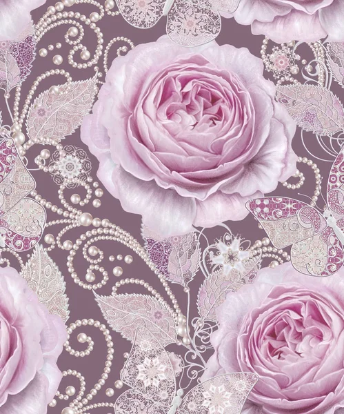 Seamless mönster. Dekorativa dekoration, paisley element, delikat texturerat silver blad gjorda av tunn spets och pärlor, tråd av pärlor, bud pastell rosa ros, fjäril. Genombrutna vävning delikat. — Stockfoto