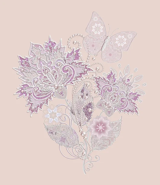 Decorative decoration, paisley element, delicate textured silver leaves made of fine lace and pearls. Jeweled shiny curls, thread from beads. Openwork weaving delicate, butterfly — Stock Photo, Image