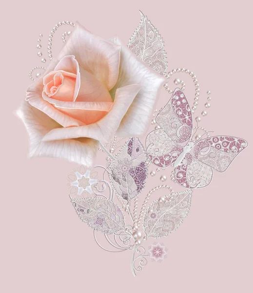 Декоративне оздоблення, елемент пейслі, ніжне текстуроване срібне листя з тонкого мережива і перлів. Біжутерія блискучі завитки, нитка з бісеру, бутон пастельно-рожева троянда. Ажурне плетіння ніжне, метелик — стокове фото