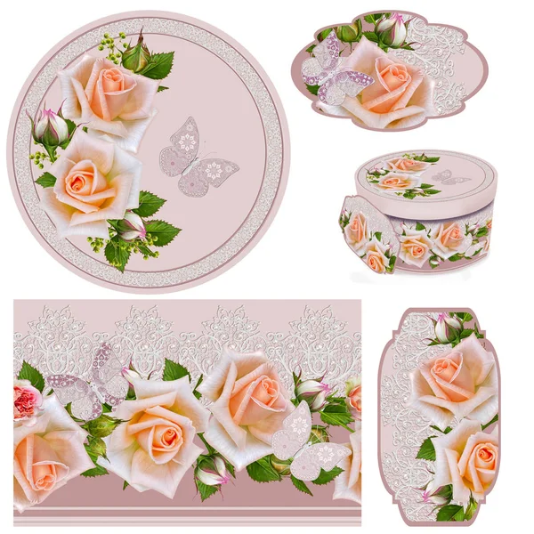 Set for packaging. Box round. Label. decoupage. Floral background, border. Pattern. Garland flower pink rose, camellia, green leaves. Openwork delicate lace, weaving, pearl, paisley element.