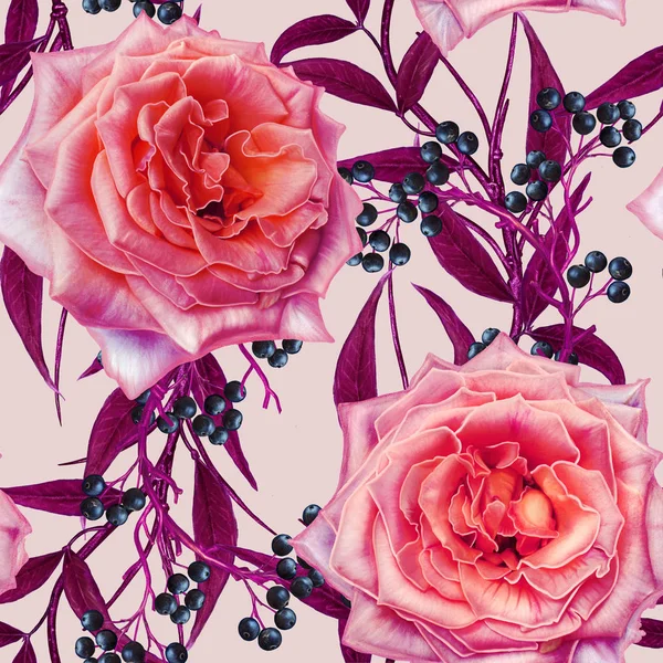 Nahtloses Blumenmuster. leuchtend rote Blätter, durchbrochene Weben, dünne Äste. Blumenschmuck, zarte rosa Rosen und weiße Blüten. — Stockfoto