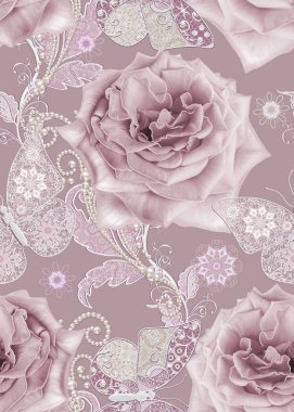 Seamless modeli. Pastel pembe Gül, kelebek dekoratif dekorasyon, desenli öğesi, hassas dokulu gümüş yaprakları yapılmış ince dantel ve inciler, iplik boncuklar, ahbap. Hassas dokuma Ajur.