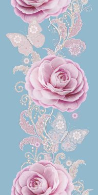 Seamless modeli. Pastel pembe Gül, kelebek dekoratif dekorasyon, desenli öğesi, hassas dokulu gümüş yaprakları yapılmış ince dantel ve inciler, iplik boncuklar, ahbap. Hassas dokuma Ajur.