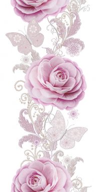 Seamless modeli. Pastel pembe Gül, kelebek dekoratif dekorasyon, desenli öğesi, hassas dokulu gümüş yaprakları yapılmış ince dantel ve inciler, iplik boncuklar, ahbap. Hassas dokuma Ajur.