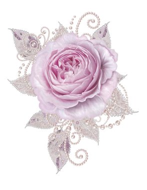 Dekoratif dekorasyon, desenli eleman, hassas dokulu gümüş yaprakları yapılmış güzel dantel ve inci. Mücevherli parlak bukleler, boncuklar, iş parçacığından pastel pembe Gül ahbap. Hassas dokuma Ajur