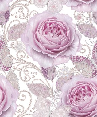 Seamless modeli. Pastel pembe Gül, kelebek dekoratif dekorasyon, desenli öğesi, hassas dokulu gümüş yaprakları yapılmış ince dantel ve inciler, iplik boncuklar, ahbap. Hassas dokuma Ajur.