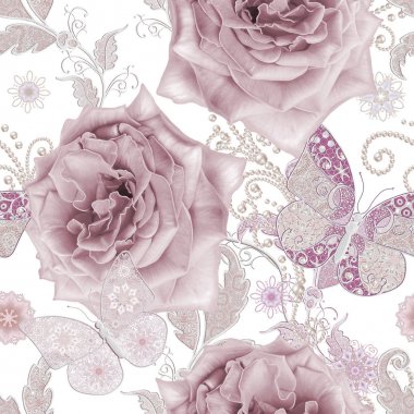 Seamless modeli. Pastel pembe Gül, kelebek dekoratif dekorasyon, desenli öğesi, hassas dokulu gümüş yaprakları yapılmış ince dantel ve inciler, iplik boncuklar, ahbap. Hassas dokuma Ajur.
