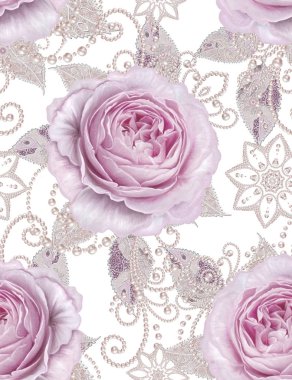 Seamless modeli. Pastel pembe Gül, kelebek dekoratif dekorasyon, desenli öğesi, hassas dokulu gümüş yaprakları yapılmış ince dantel ve inciler, iplik boncuklar, ahbap. Hassas dokuma Ajur.