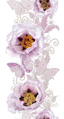 Seamless modeli. Pastel pembe Gül, kelebek dekoratif dekorasyon, desenli öğesi, hassas dokulu gümüş yaprakları yapılmış ince dantel ve inciler, iplik boncuklar, ahbap. Hassas dokuma Ajur.