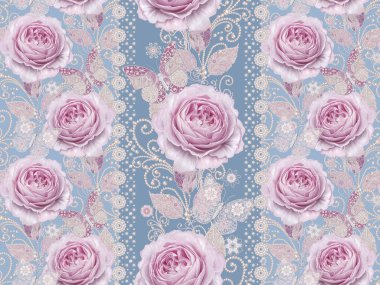 Seamless modeli. Pastel pembe Gül, kelebek dekoratif dekorasyon, desenli öğesi, hassas dokulu gümüş yaprakları yapılmış ince dantel ve inciler, iplik boncuklar, ahbap. Hassas dokuma Ajur.