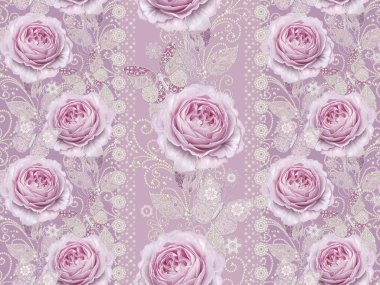 Seamless modeli. Pastel pembe Gül, kelebek dekoratif dekorasyon, desenli öğesi, hassas dokulu gümüş yaprakları yapılmış ince dantel ve inciler, iplik boncuklar, ahbap. Hassas dokuma Ajur.