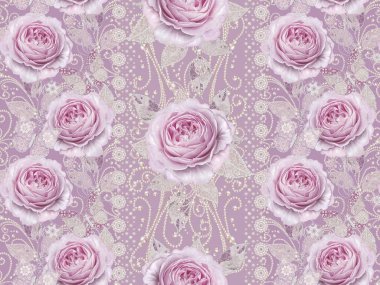 Seamless modeli. Pastel pembe Gül, kelebek dekoratif dekorasyon, desenli öğesi, hassas dokulu gümüş yaprakları yapılmış ince dantel ve inciler, iplik boncuklar, ahbap. Hassas dokuma Ajur.